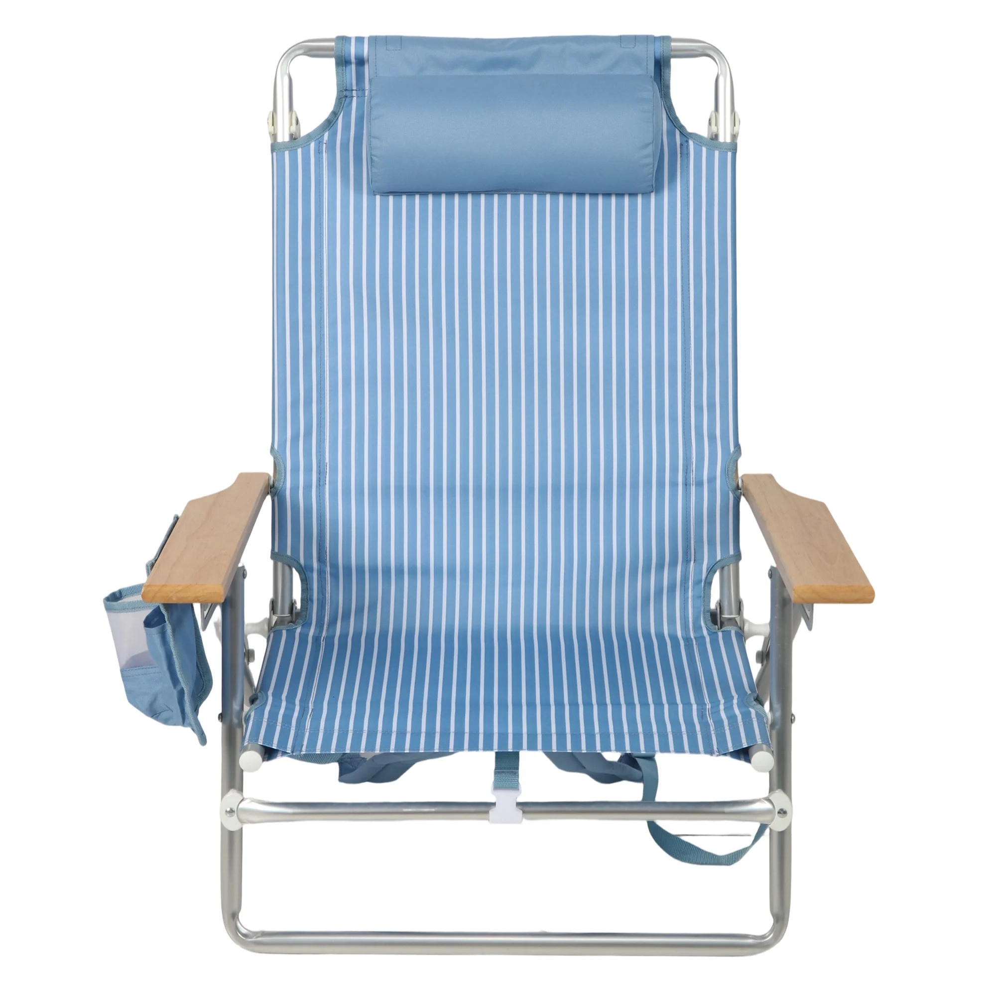Mainstays Reclining Beach Chair with Backpack Straps and Wooden Armrests, Thin Blue Stripe | Walmart (US)
