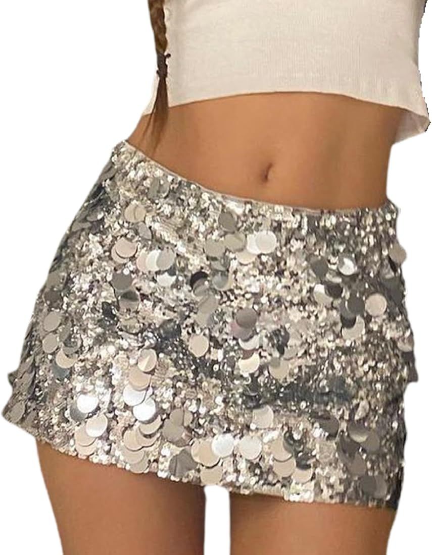Women Shiny Sequin Mini Skirt Low Rise Y2k Glitter Pencil Skirts Bodycon Streetwear Sparkly Dance... | Amazon (US)