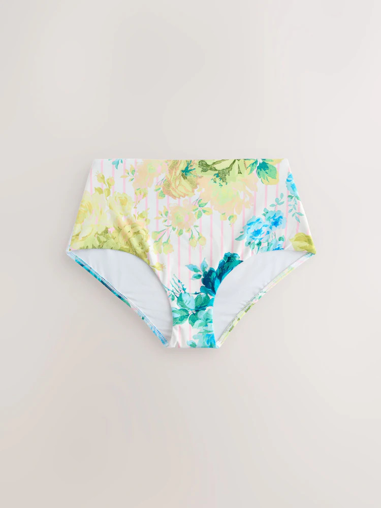 Cream/Pink Stripe Floral High Waist Print Bikini Bottoms | Next US