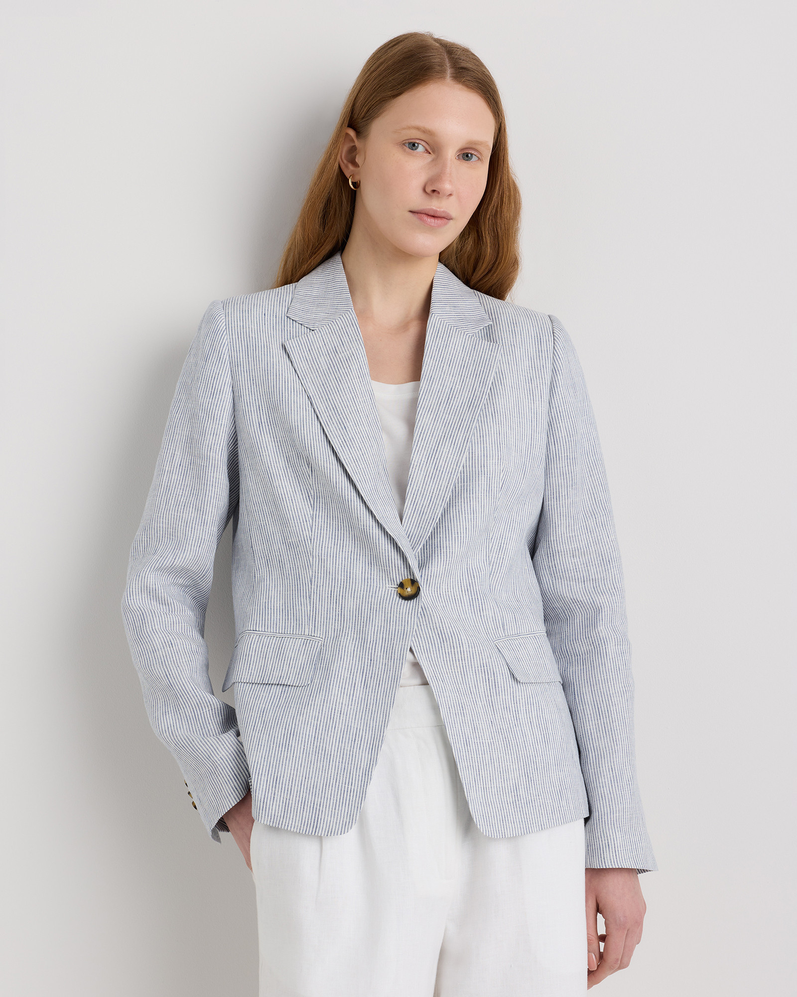 Quince | Women's 100% European Linen Structured Blazer in Blue Pinstripe, Size XL | Quince