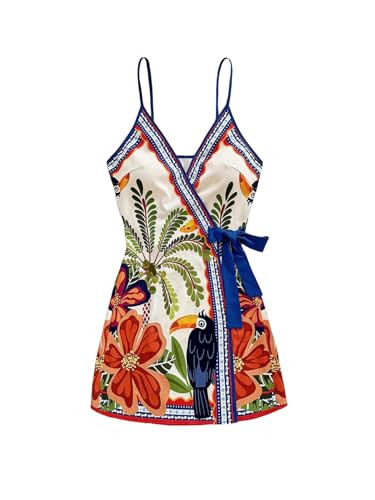 SOLY HUX Women's Tropical Print Mini Dress Summer Wrap V Neck Bow Tie Vacation Dresses | Amazon (US)