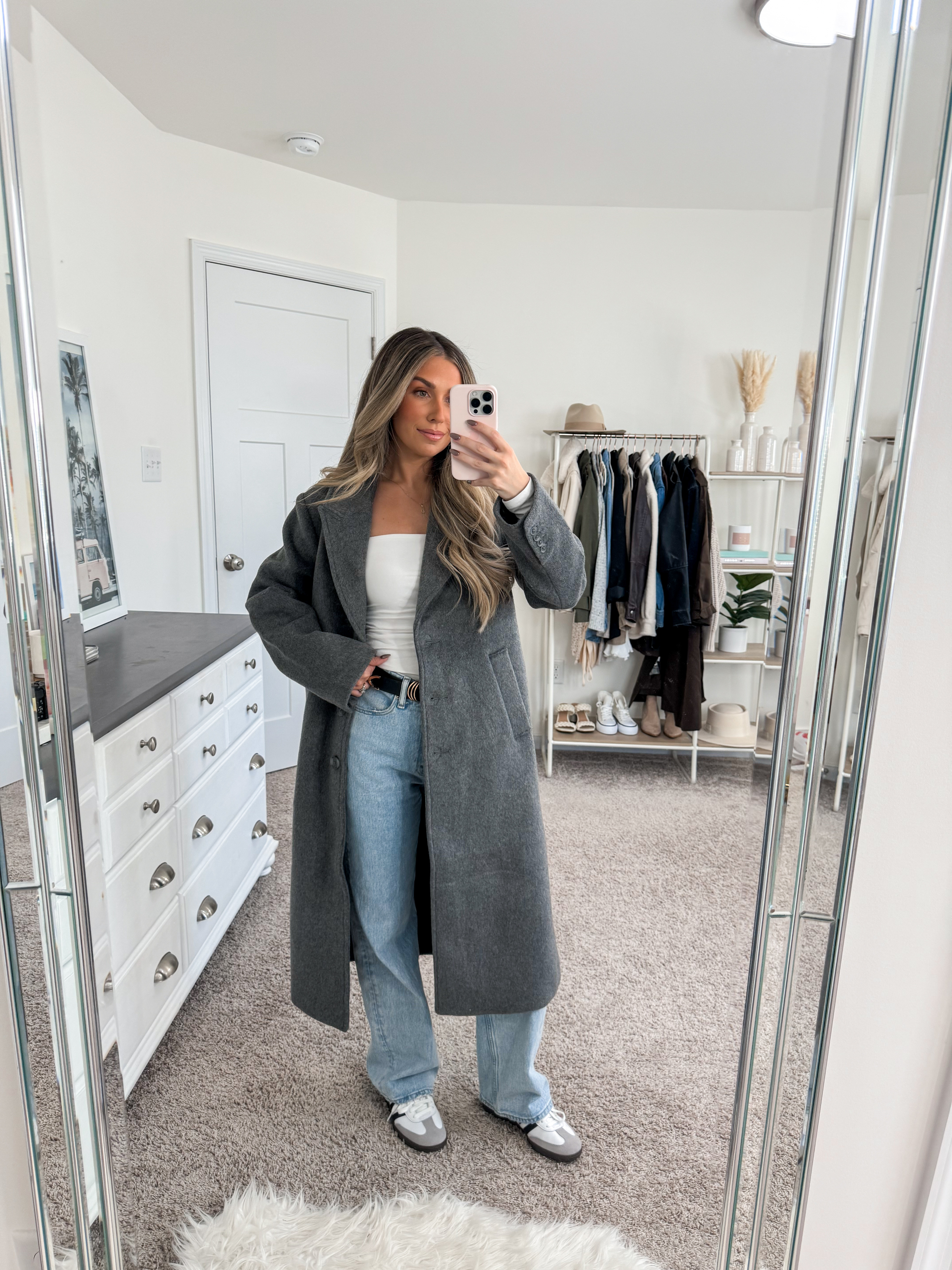 Casual fall outfit 
+ wool top coat: xs 
+ top: xs 
+ jeans: 24 short in curve love 
+ adidas sambas: sized down 1/2 size 

#LTKCyberWeek #LTKFindsUnder100 #LTKSeasonal