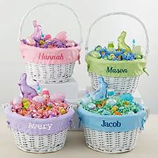 Bunny Name Embroidered White Easter Basket - Pink | Personalization Mall