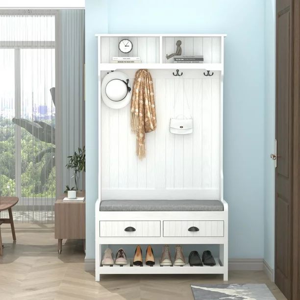 Timechee White Hall Tree, Storage Bench and Coat Rack - Walmart.com | Walmart (US)