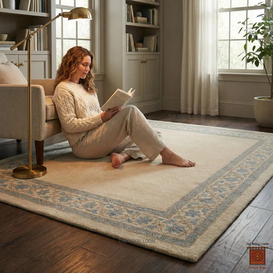 Hand-tufted Wool Rug Traditional Floral Border Cream Blue Area Carpet for Bedroom Living Room - E... | Etsy (US)