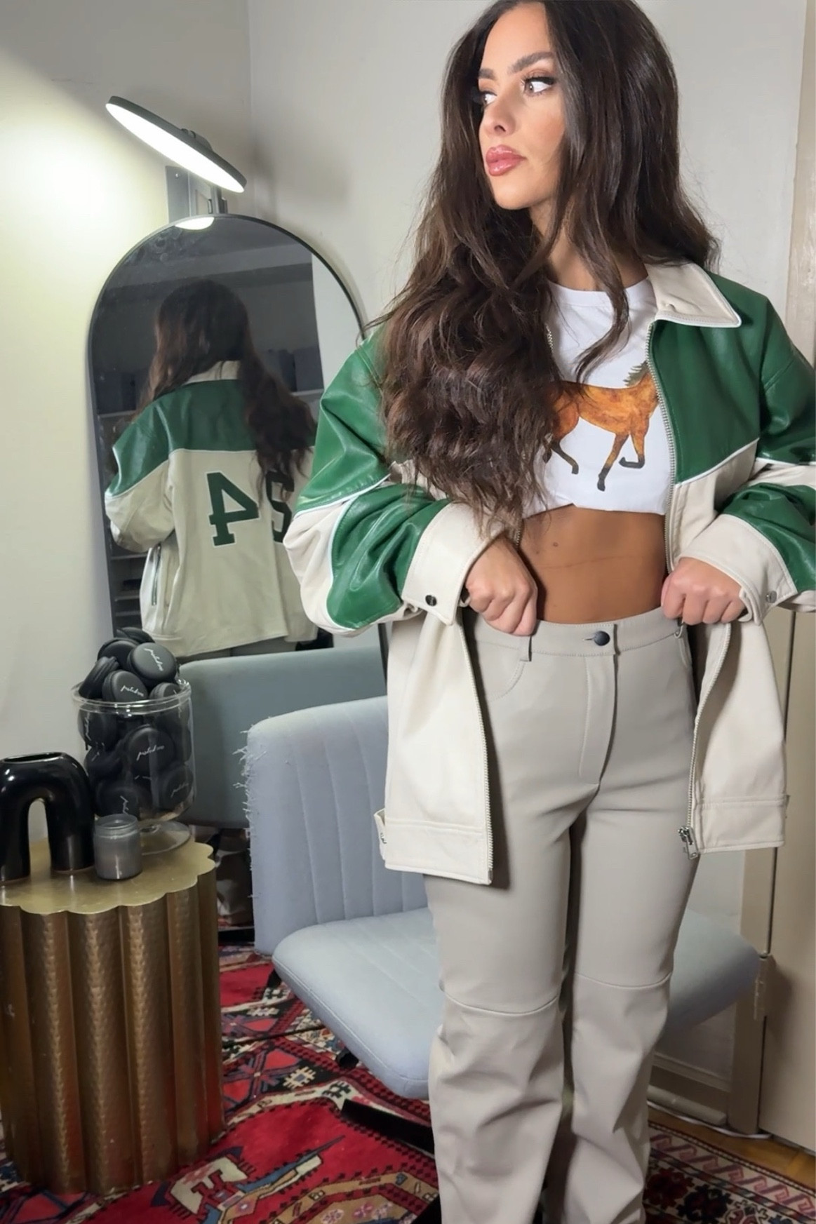 Leather pants & varsity jacket 