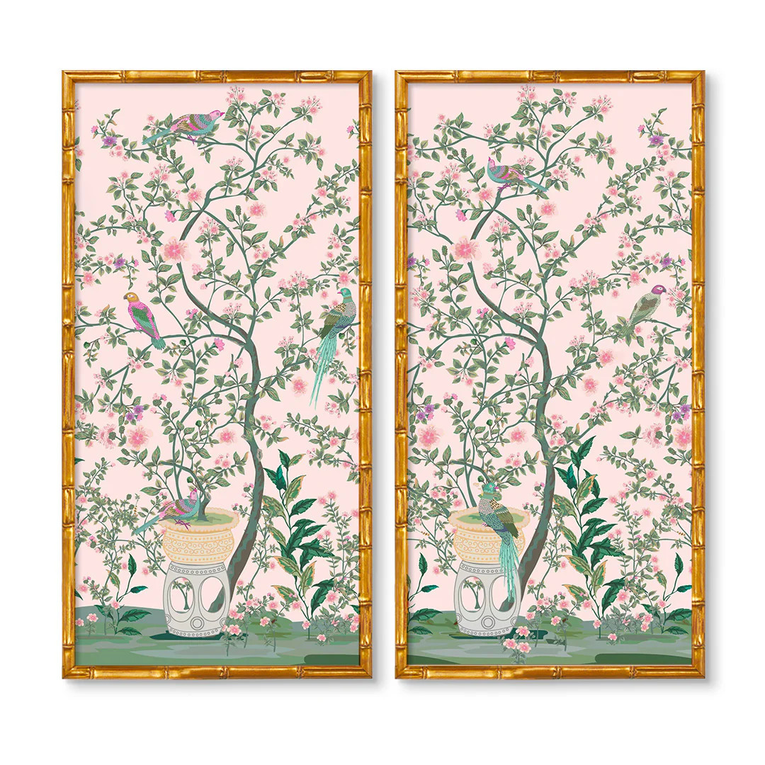 Sitting Bird Chinoiserie Panel Pair | Large Bird Murals | Urban Garden Prints