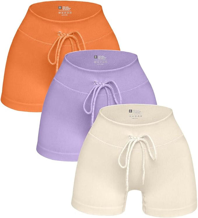 LNSK Women's 3 Piece Yoga Ribbed Shorts Workout Seamless Casual High Waist Leggings | Amazon (US)