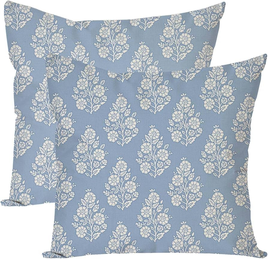 Vintage Floral Block Print Decorative Throw Pillow Covers 18x18 Inch Set of 2 Light Blue Outdoor ... | Amazon (US)
