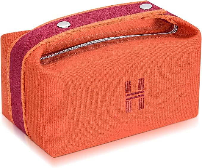 Sluxa Fashion Makeup Bag for Women, Orange Red Canvas Make up Travel Bag, Hanging Cosmetic Bag Or... | Amazon (US)