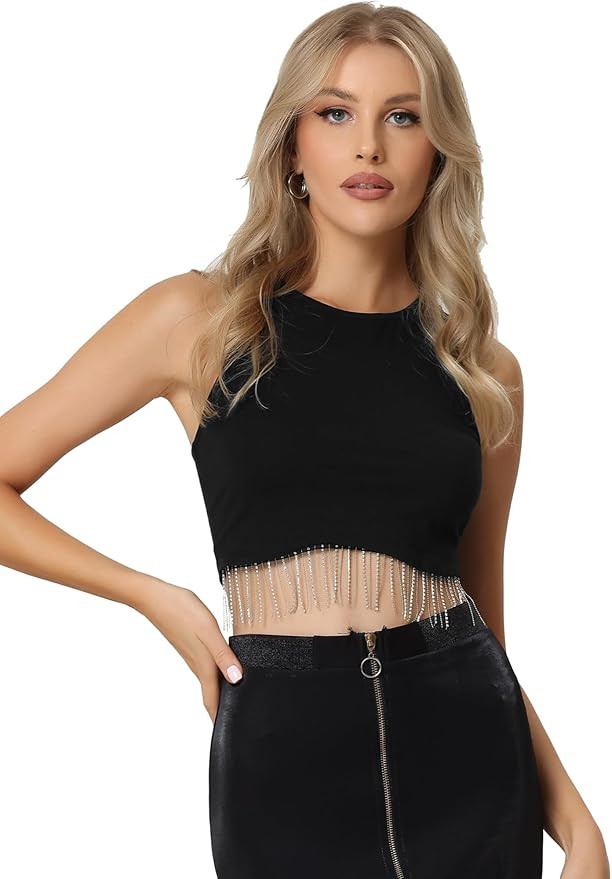 Allegra K Fringe Tops for Women's Rhinestone Y2K Raceback Top Sleeveless Sparkly Glitter Tassel C... | Amazon (US)