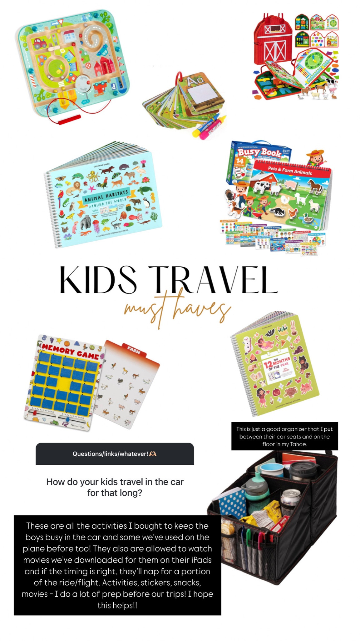 Travel must haves for kids
Kids activities
Busy book
Car organizer


#LTKTravel #LTKFamily #LTKKids