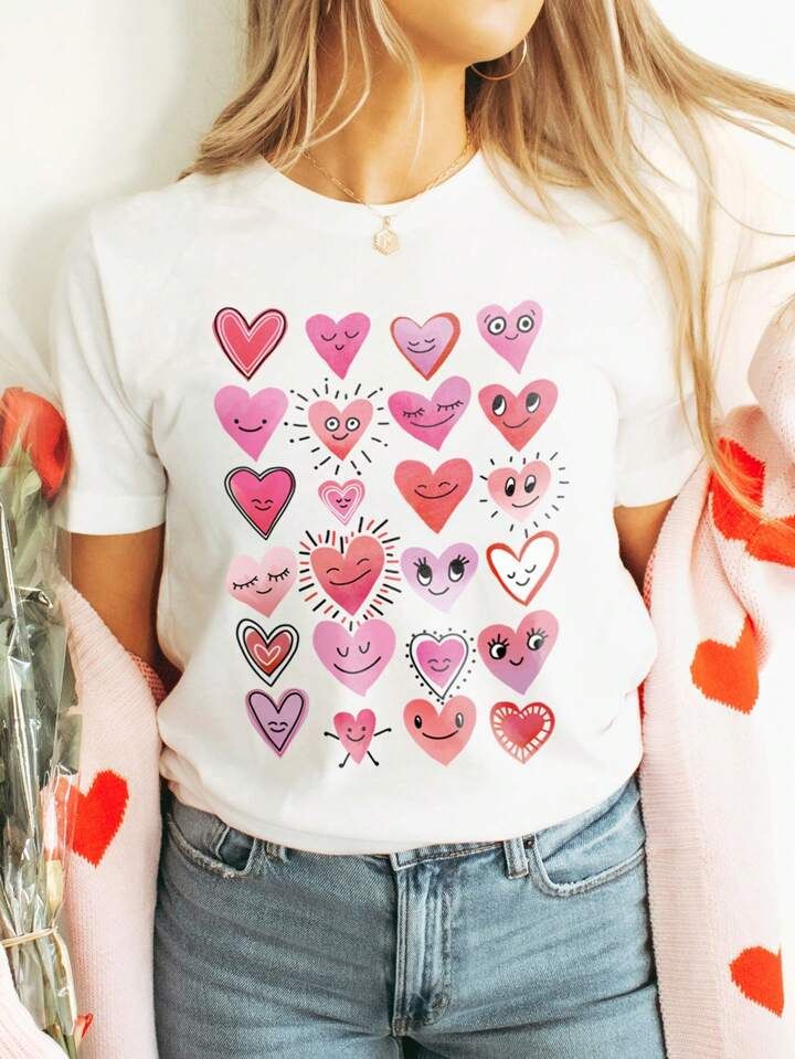 SHEIN Essnce Women'S Cartoon Heart Print Round Neck Short Sleeve T-Shirt | SHEIN