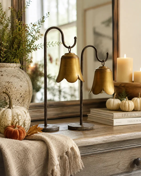 Vintage Fluted Metal Bells on Pedestal Stands, Set of 2 Farmhouse Tabletop Decor | Decor Steals