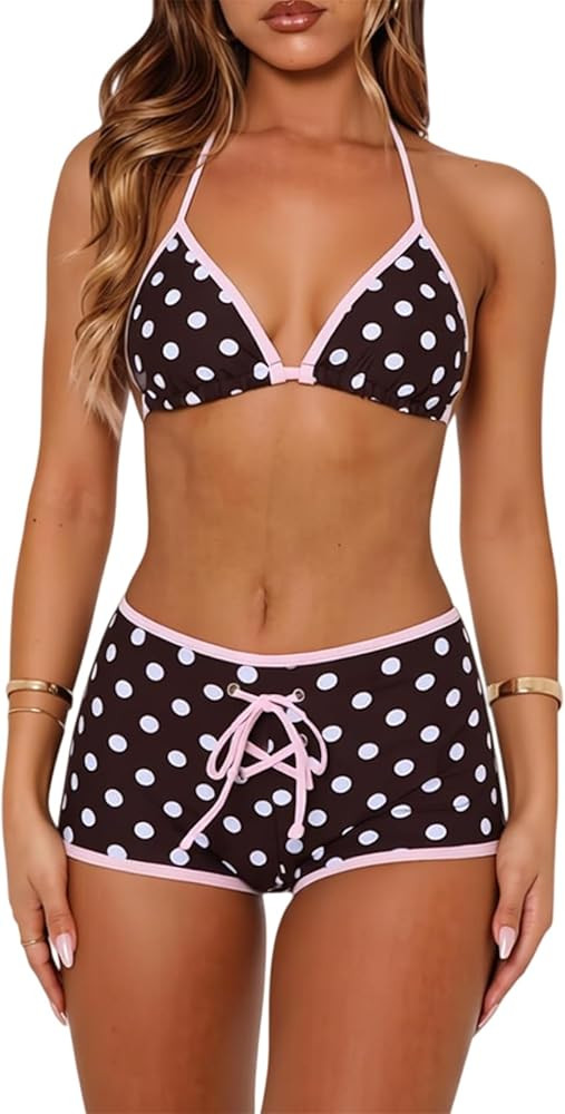 Women 2 Piece Bikini Shorts Set Y2k Halter String Triangle Bikini Top with Low Rise Swim Boyshort... | Amazon (US)