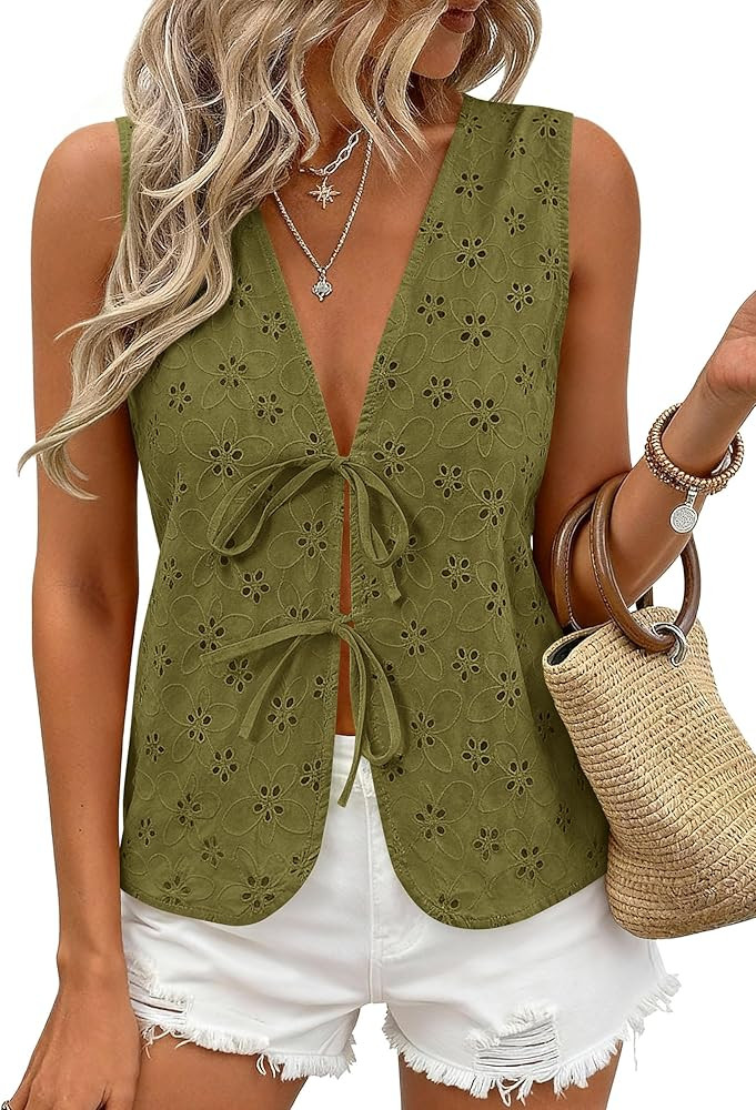 PRETTYGARDEN Women 2026 Summer Tie Front Eyelet Tank Tops Trendy Floral Vest Sleeveless V Neck Dr... | Amazon (US)