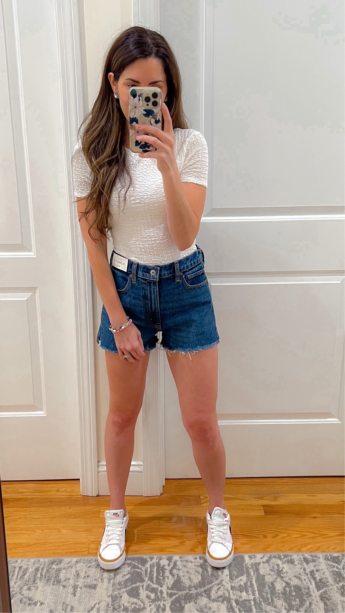 Casual Summer outfit ; Abercrombie denim ; Abercrombie mom shorts ; Abercrombie white tee ; textured baby tee ; everyday outfit ; Nike sneakers 

#LTKstyletip #LTKunder50 #LTKSeasonal