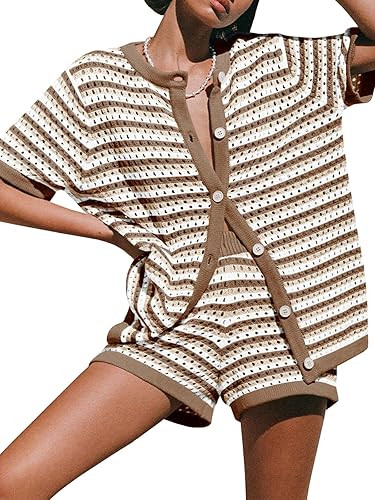 Saodimallsu Womens Crochet Swimsuit Coverup Summer Beach Sets Striped Knit Short Sleeve Button Sh... | Amazon (US)