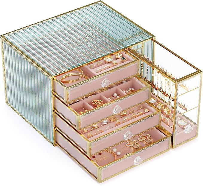 Youdepot Jewelry organizer box-Tempered Glass 5-Drawer jewelry boxes for women, Large Jewelry Box... | Amazon (US)