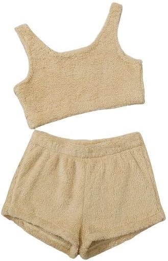 SweatyRocks Women's Fluffy Pajamas Set Crop Tank Top with Shorts Loungewear | Amazon (US)