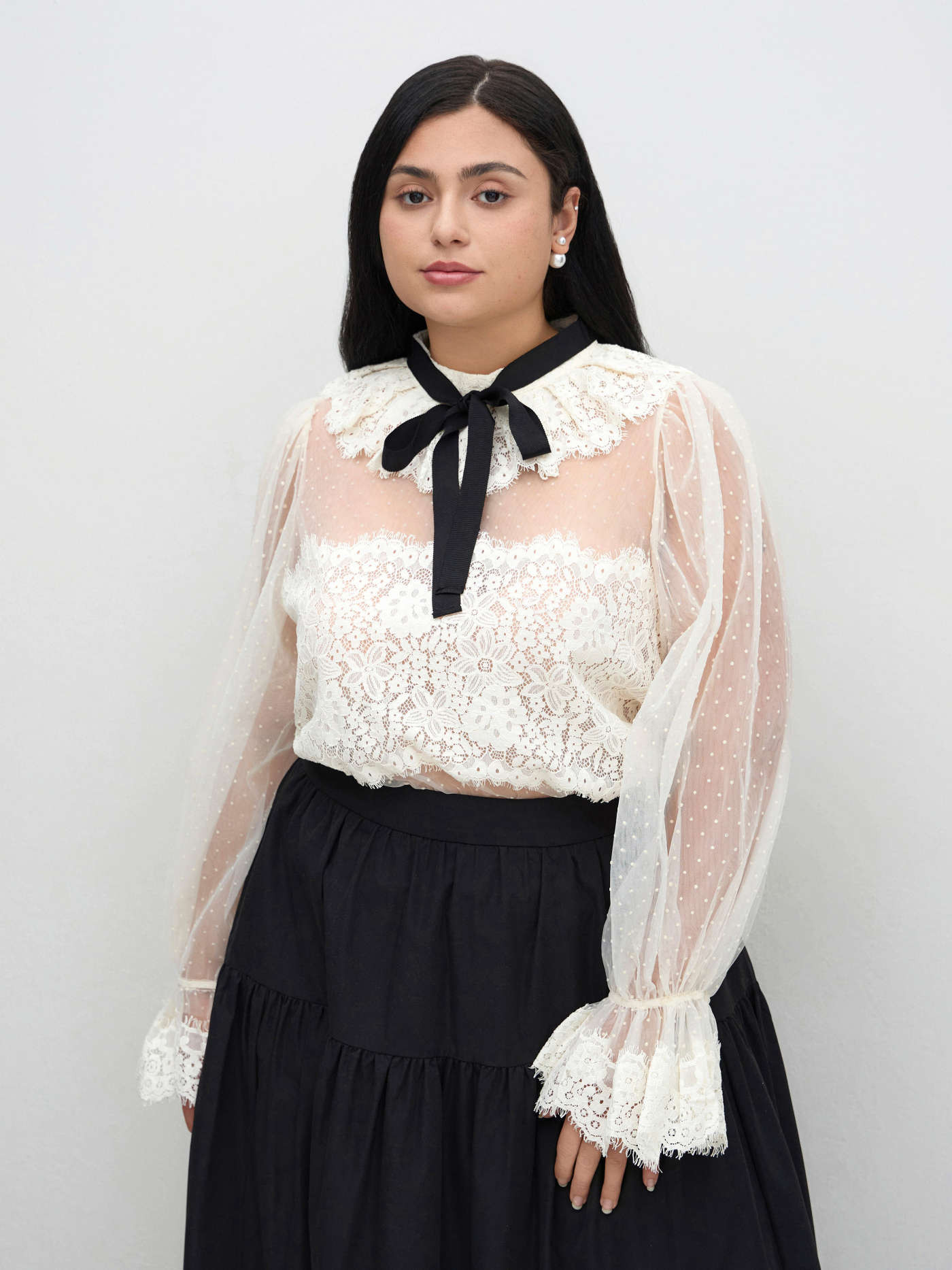 Mesh Lace Floral Guipure Bowknot Blouse Curve & Plus For Date | Cider