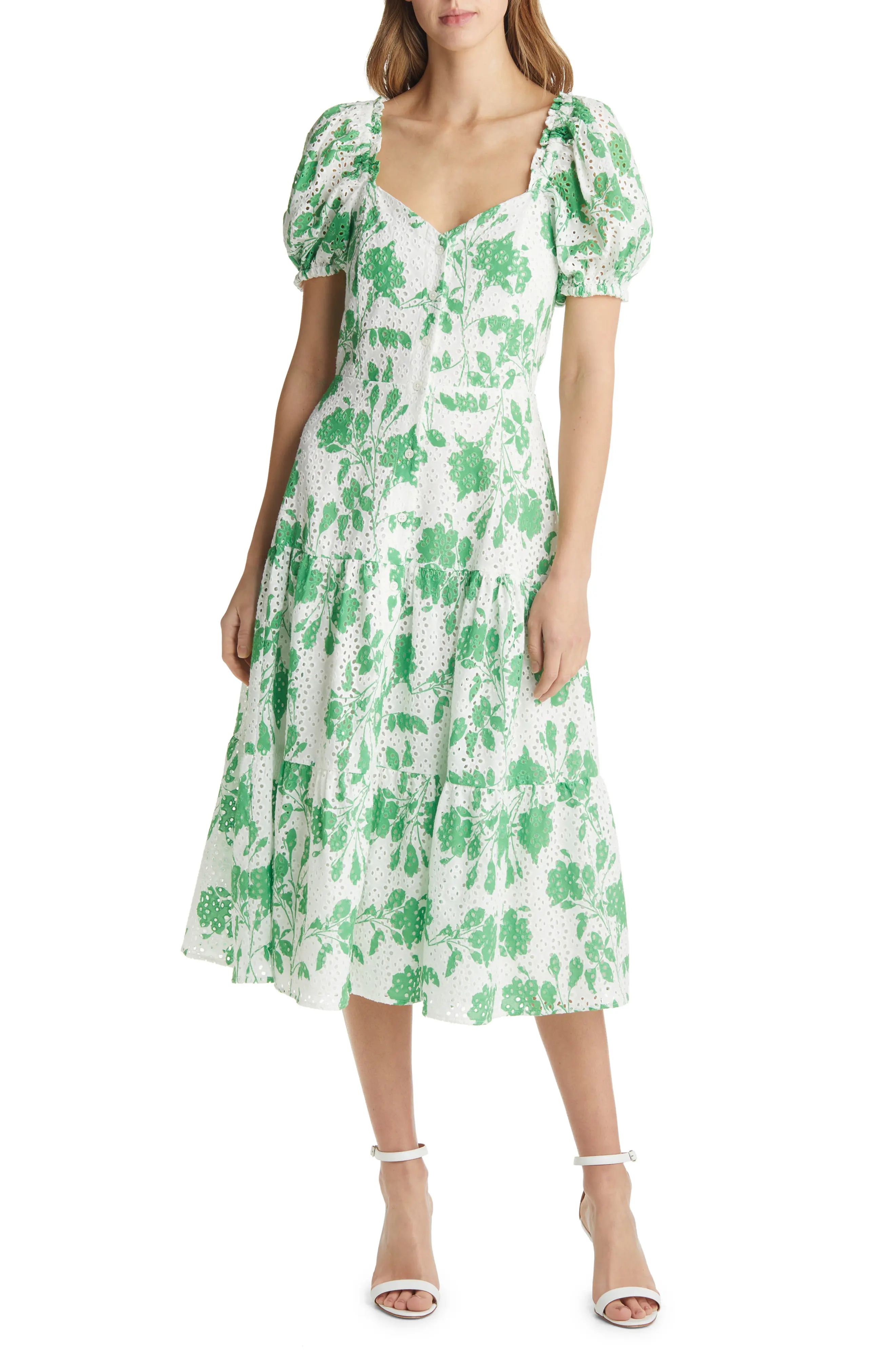 Rachel Parcell Floral Cotton Eyelet Midi Dress in Foliage/White at Nordstrom, Size Xx-Small | Nordstrom