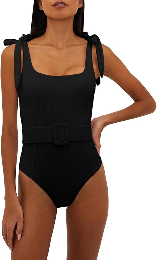 Saodimallsu Womens Sexy One Piece Bathing Suit High Cut Knit Square Neck Tied Strappy Swimsuit wi... | Amazon (US)