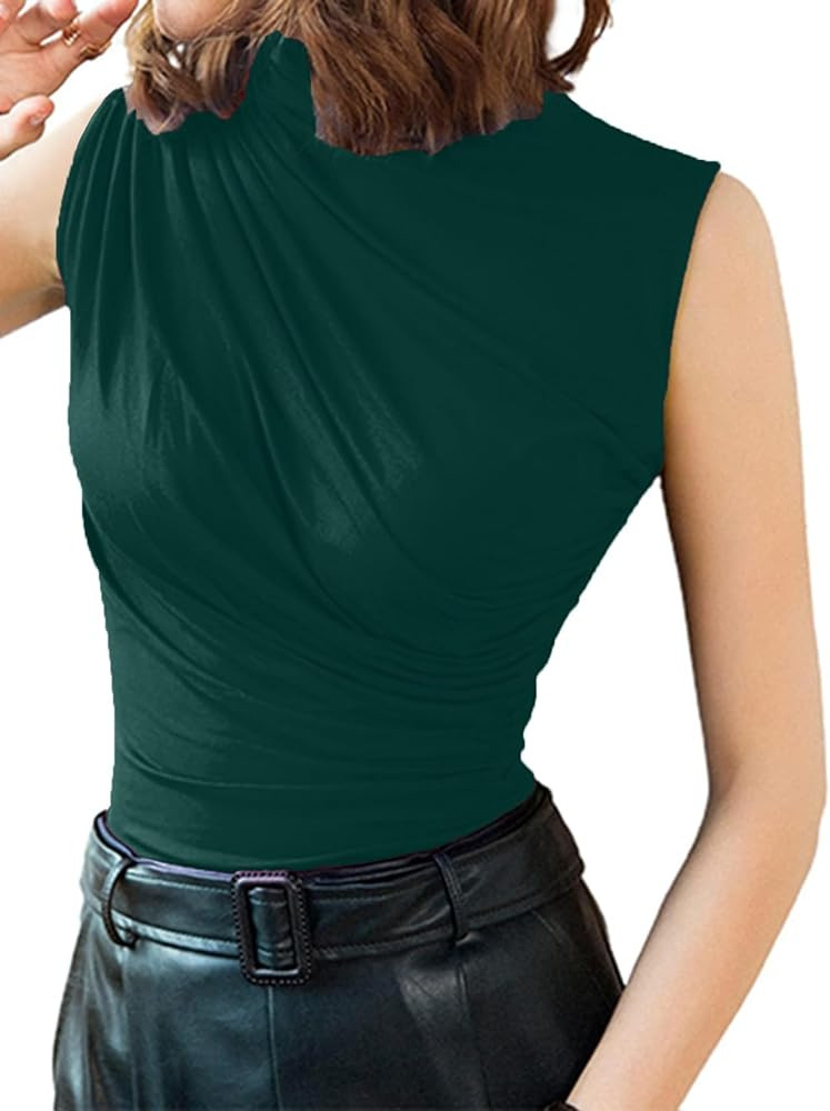 Avanova Women Mock Neck Sleeveless Tank Top Ruched Fitted Elegant Blouse Shirt | Amazon (US)