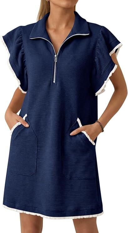 Cicy Bell Womens Ruffle Cap Sleeve Sweatshirt Dress Summer Oversized V Neck Quarter Zip Mini Dres... | Amazon (US)
