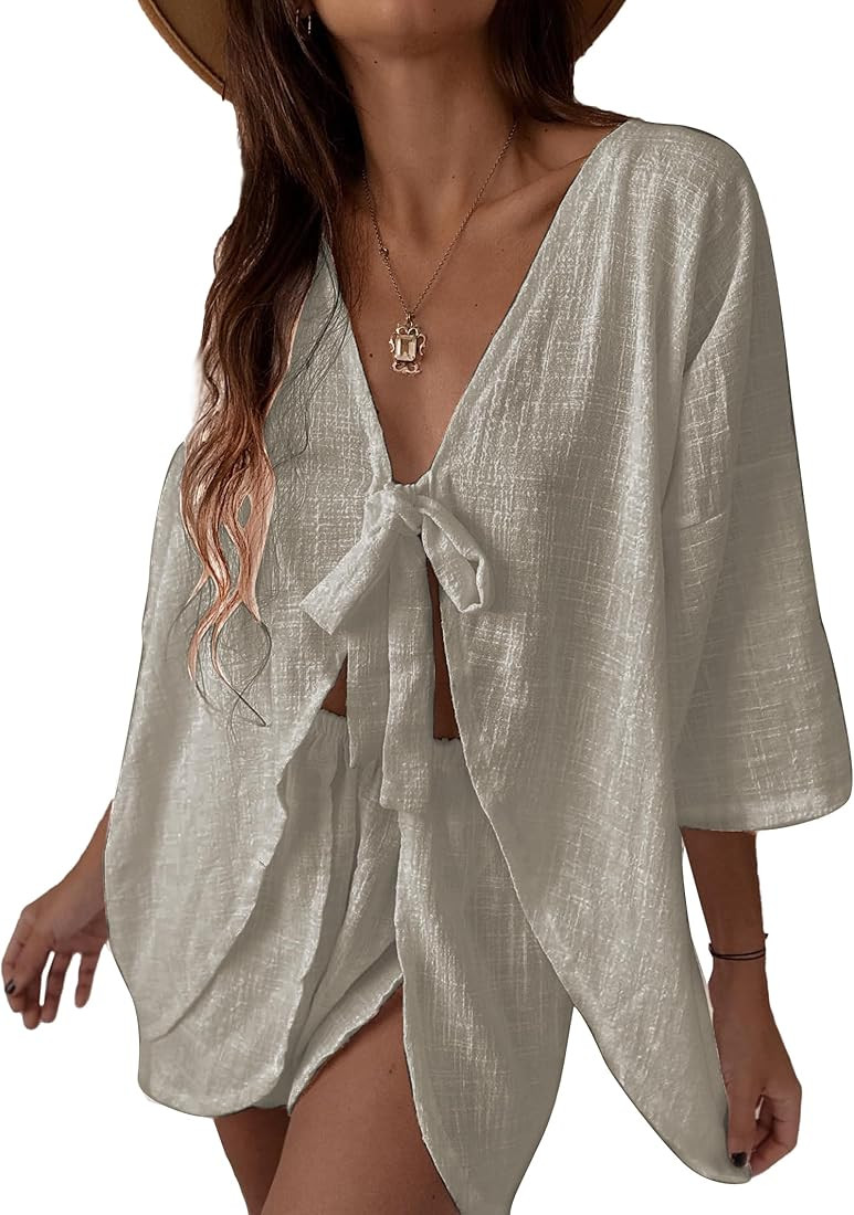 Sexy 2 Piece Outfits for Women Self Tie Knot Long Sleeve Shirt with Shorts Set Casual Matching Se... | Amazon (CA)