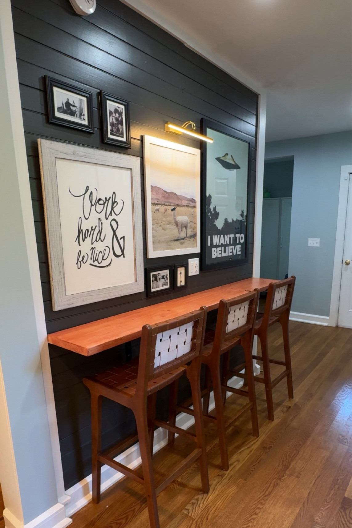 Mini kitchen wall refresh. Paint color is Iron Ore by Sherwin Williams. Most art is old from Etsy etc. 