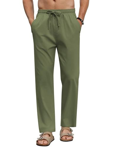 COOFANDY Men's Linen Casual Pants Elastic Waist Beach Pants Lightweight Drawstring Summer Yoga Pants Army Green | Amazon (US)