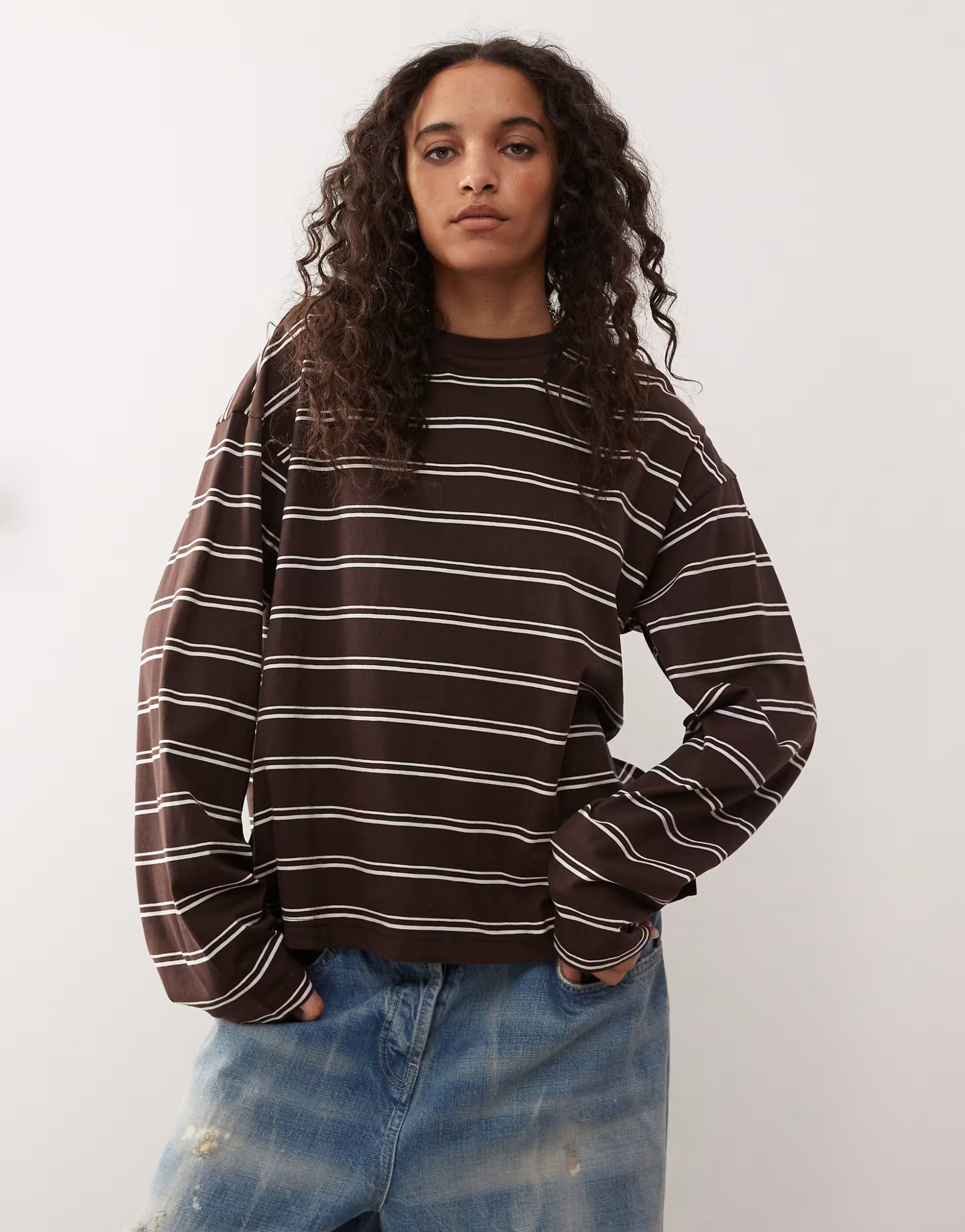 Monki oversized long sleeve t-shirt with side slits in chocolate brown stripe | ASOS | ASOS (Global)