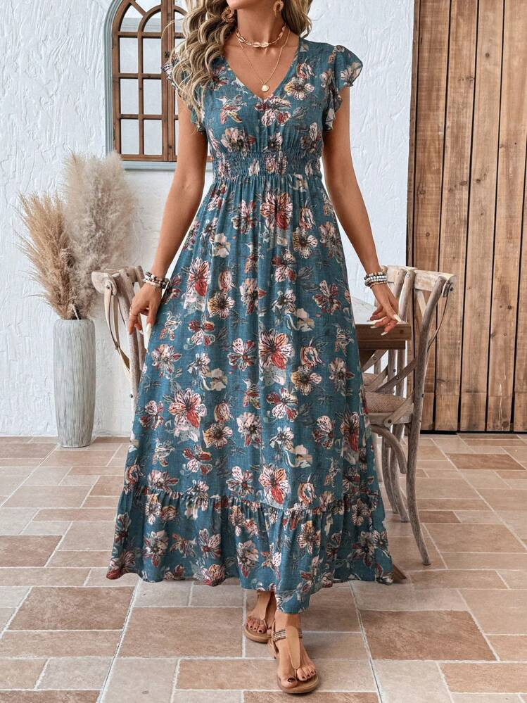SHEIN LUNE Casual Women's Shirred Ruffled Small Cap Sleeves Waist Ruffle Trim Large A-Line Long Dress Positioning Print Casual Holiday Women's Dress Summer Dresses For Women Floral Dress Women Vacation Dress Ruffle Dress Boho Dress Women Tropical Dress | SHEIN