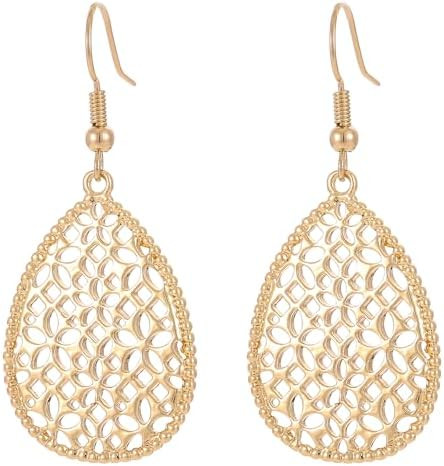 Elegant Gold Plated Teardrop Dangle Earrings for Women - Hypoallergenic Hollowed-out Water Drop P... | Amazon (US)