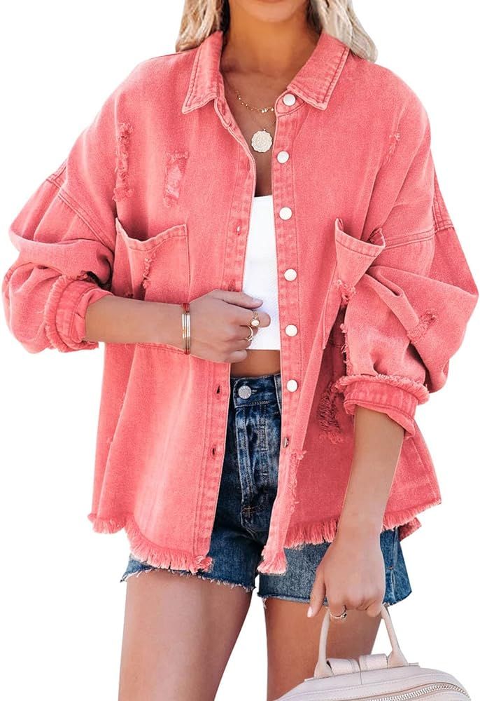 EVALESS Jean Jacket for Women Distressed Frayed Denim Jacket Ladies Ripped Stretchy Jacket With P... | Amazon (US)