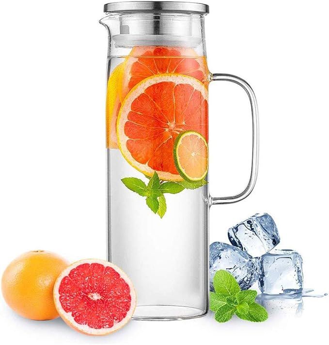 Hwagui - Heat Resistant Glass Pitcher with Stainless Steel Lid, Water Carafe with Handle, Good Be... | Amazon (US)