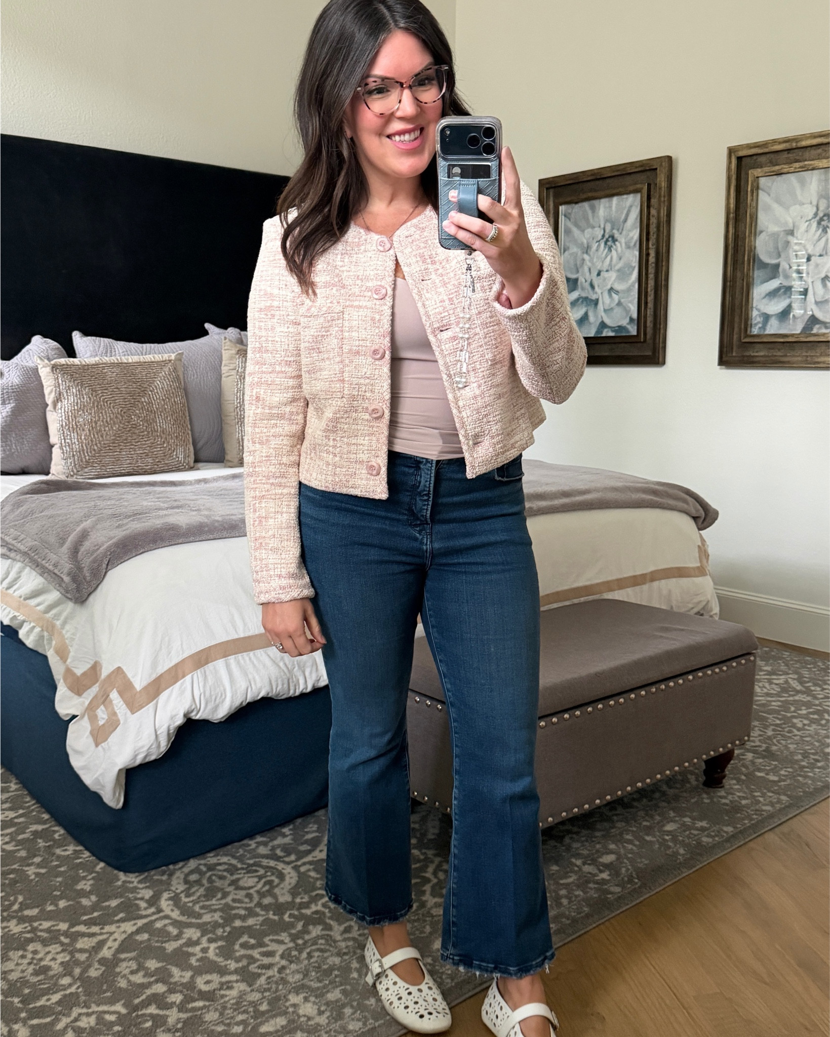 Lilac and Cyclamen tweed cardigan today for an important virtual work meeting. I always throw my glasses on to look smarter 😆. Fits tts I’m in a M. Good American denim fits tts I’m an 8/28. Cami from Amazon I recommend sizing up for larger cup sizes. It has built in cups with removable pads.  Shoes from Amazon. I’m a dark summer/ cool summer palette. Natural ingenue style  

#LTKPetite #LTKWorkwear #LTKgrwm