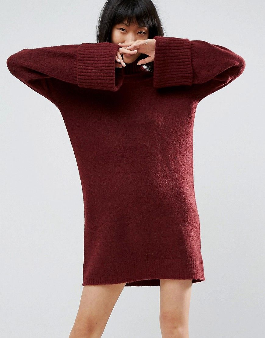 ASOS Knitted Swing Dress With Extreme Turn Back Cuff - Red | ASOS US