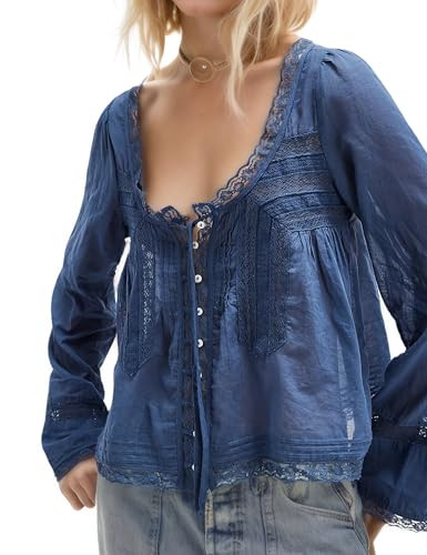 Amazon.com: People Free Dupes Top, Womens Summer Boho Lace Tie Front Tops Beach Vacation Shirts L... | Amazon (US)