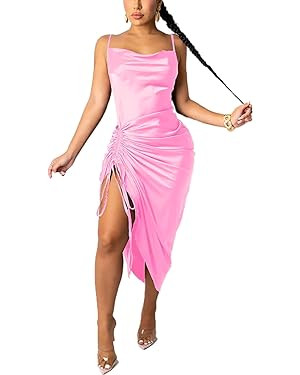 Women's Spaghetti Strap Satin Dress Sexy Backless Drawstring Ruched Split Hem Cocktail Evening Pa... | Amazon (US)