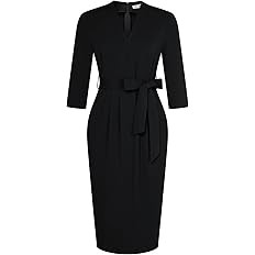 GRACE KARIN Womens Work Dresses V Neck 3/4 Sleeve Back Zipper Tie Waist Bodycon Dress Office Cock... | Amazon (US)