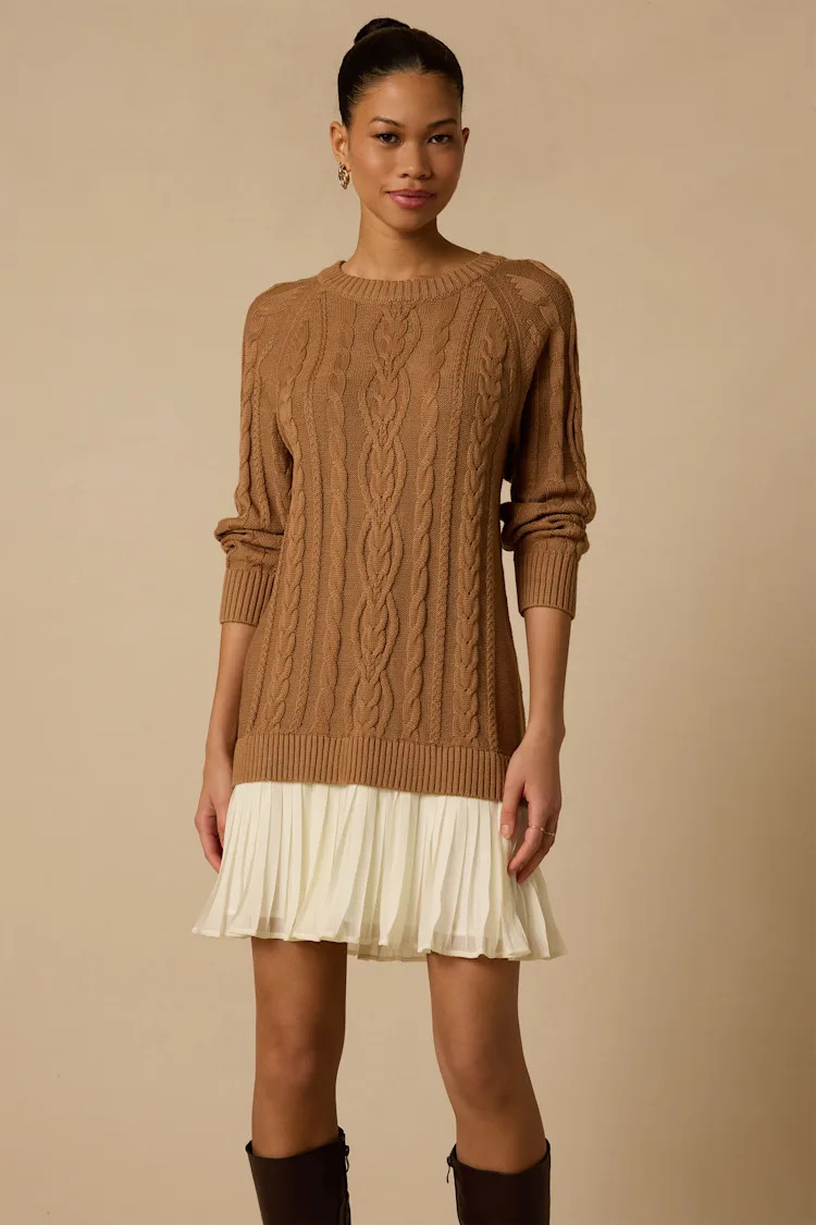 Alvie Light Brown Cable Knit Drop Waist Sweater Dress | Lulus