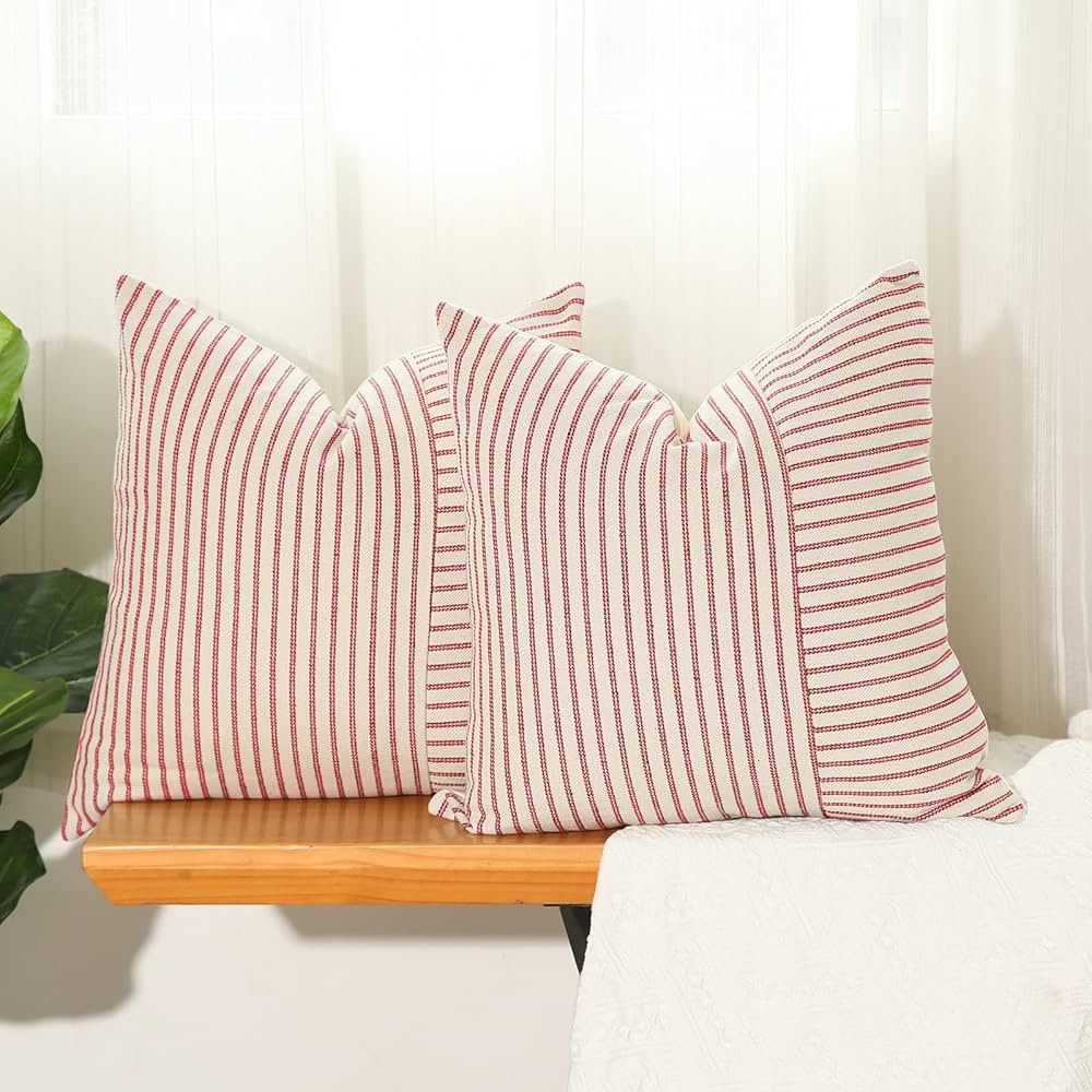 Hckot Christmas Farmhouse Pillow Covers 20x20, Red Throw Pillow Covers Set of 2, Striped Linen De... | Amazon (US)
