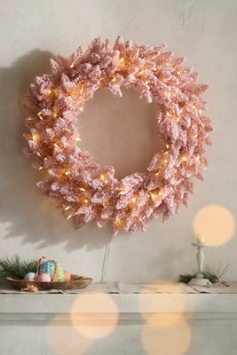 Faux LED Flocked Pink Wreath | Terrain