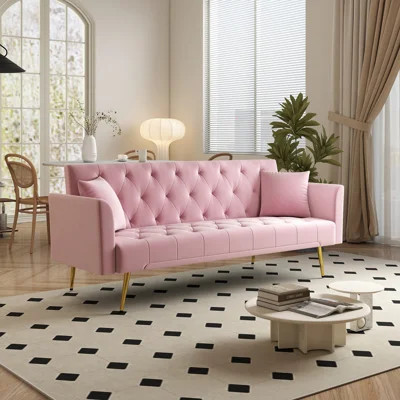 Modern convertible 72 inch foldable sleeper sofa with tufted, American retro style, made of pink velvet material, suitable for small living rooms, bed | Wayfair North America