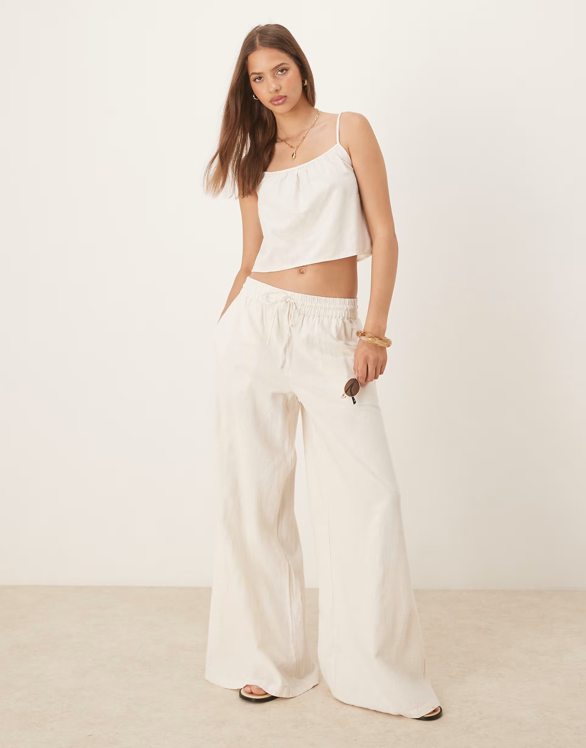 Vila super wide leg linen look trouser co-ord in birch cream | ASOS (Global)