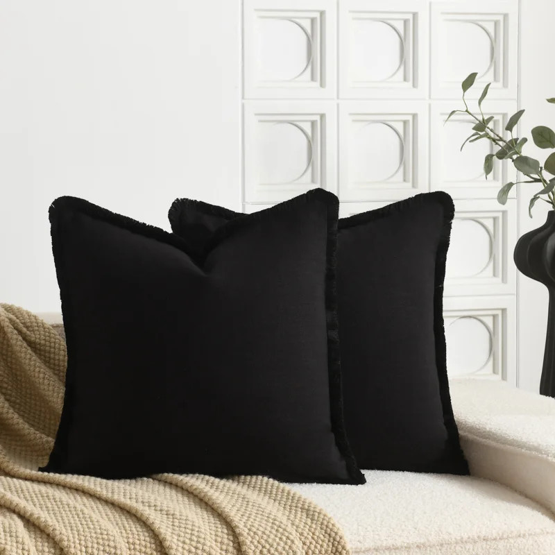Washed Linen Textured Boho Farmhouse Pillow Cover With Tassels Edge (Set of 2) | Wayfair North America