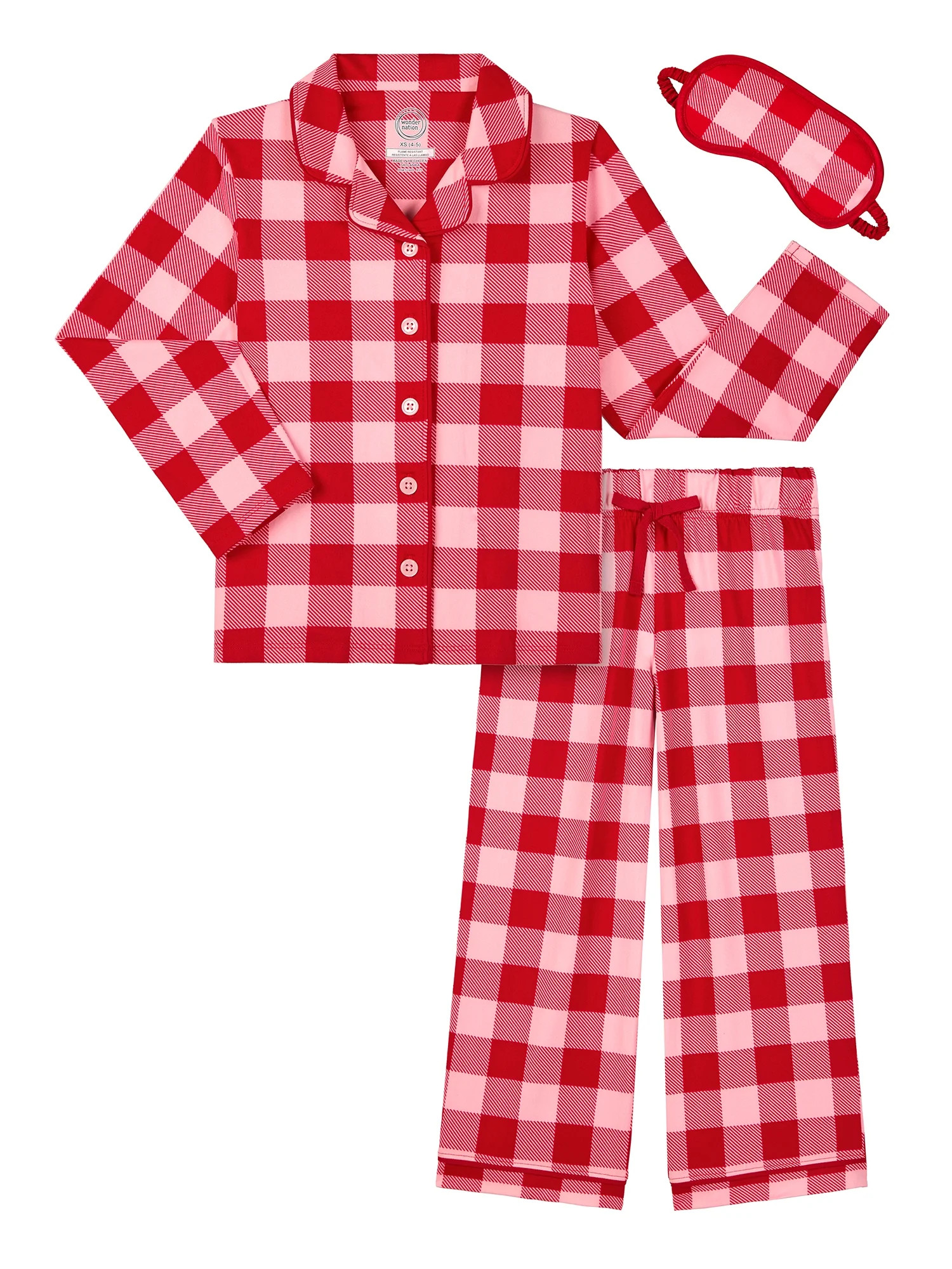 Wonder Nation Girls Long Sleeve Button Front Pajama Top and Pants Set with Eyemask, 3-Piece, Size... | Walmart (US)