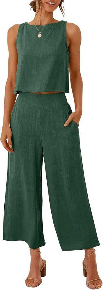 ANRABESS Women's Summer 2 Piece Outfits Sleeveless Tank Crop Button Back Top Capri Wide Leg Pants... | Amazon (US)